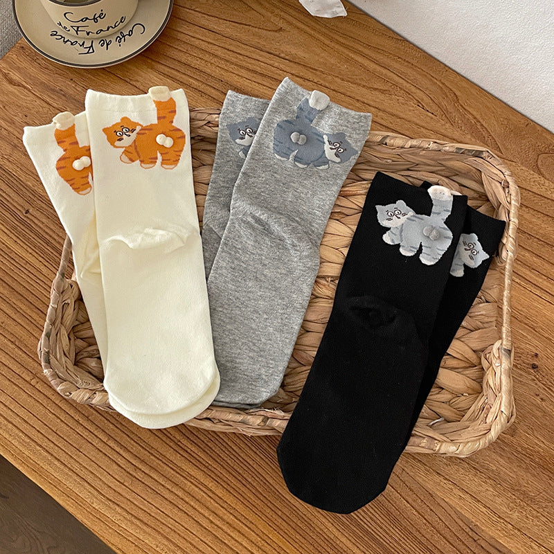 Cute 3D Cat Crew Socks – Women’s Soft Cotton-Blend Animal Socks
