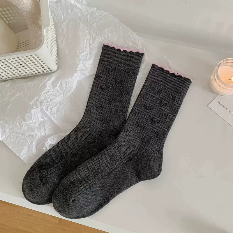 Vintage Pink & Grey Crew Socks for Women – Cute Embroidered Striped Mid-Calf Socks