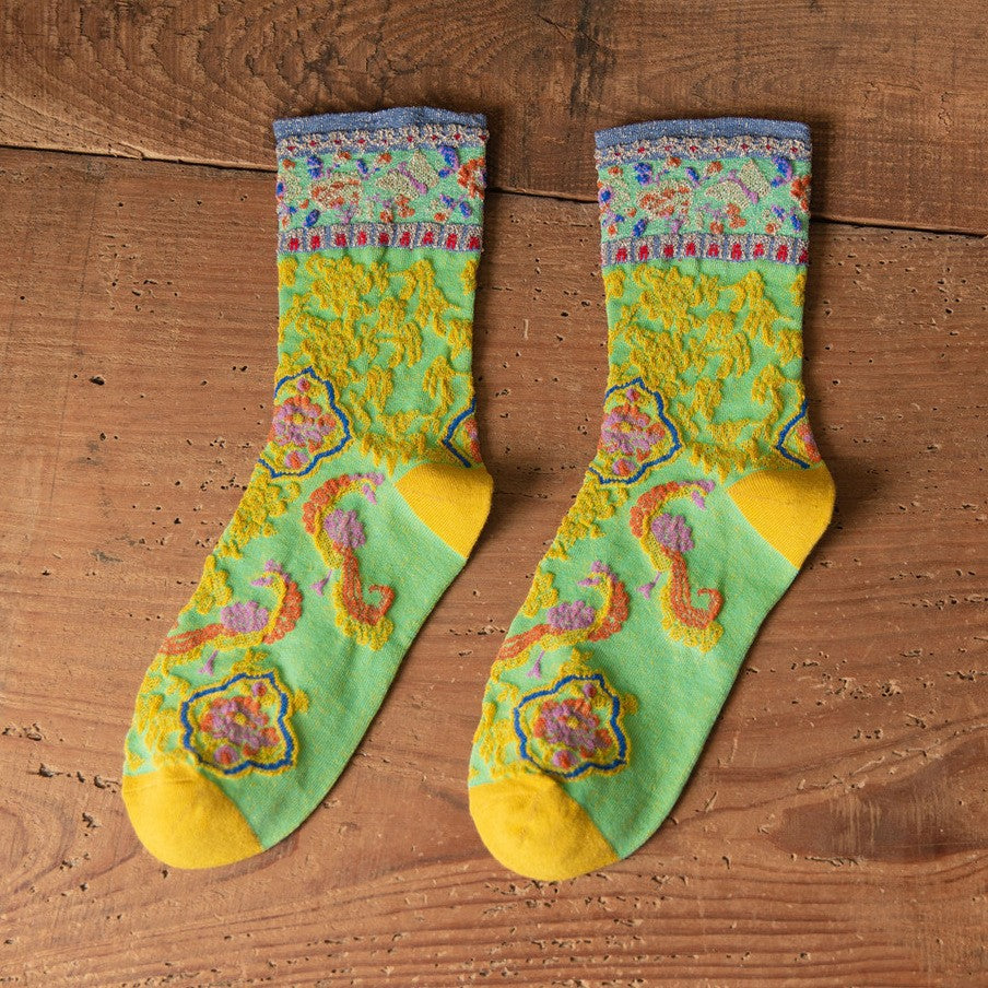 Vintage Floral Embroidered Crew Socks for Women – Glitter Cuff Sheer Jacquard Socks