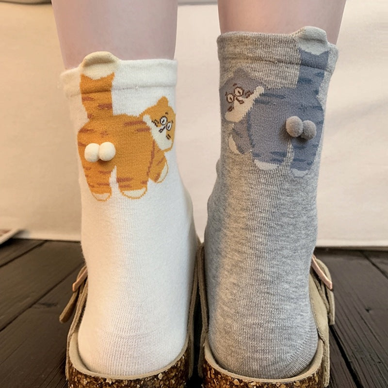 Cute 3D Cat Crew Socks – Women’s Soft Cotton-Blend Animal Socks