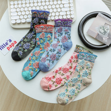 Vintage Floral Embroidered Crew Socks for Women – Sheer Textured Garden Socks