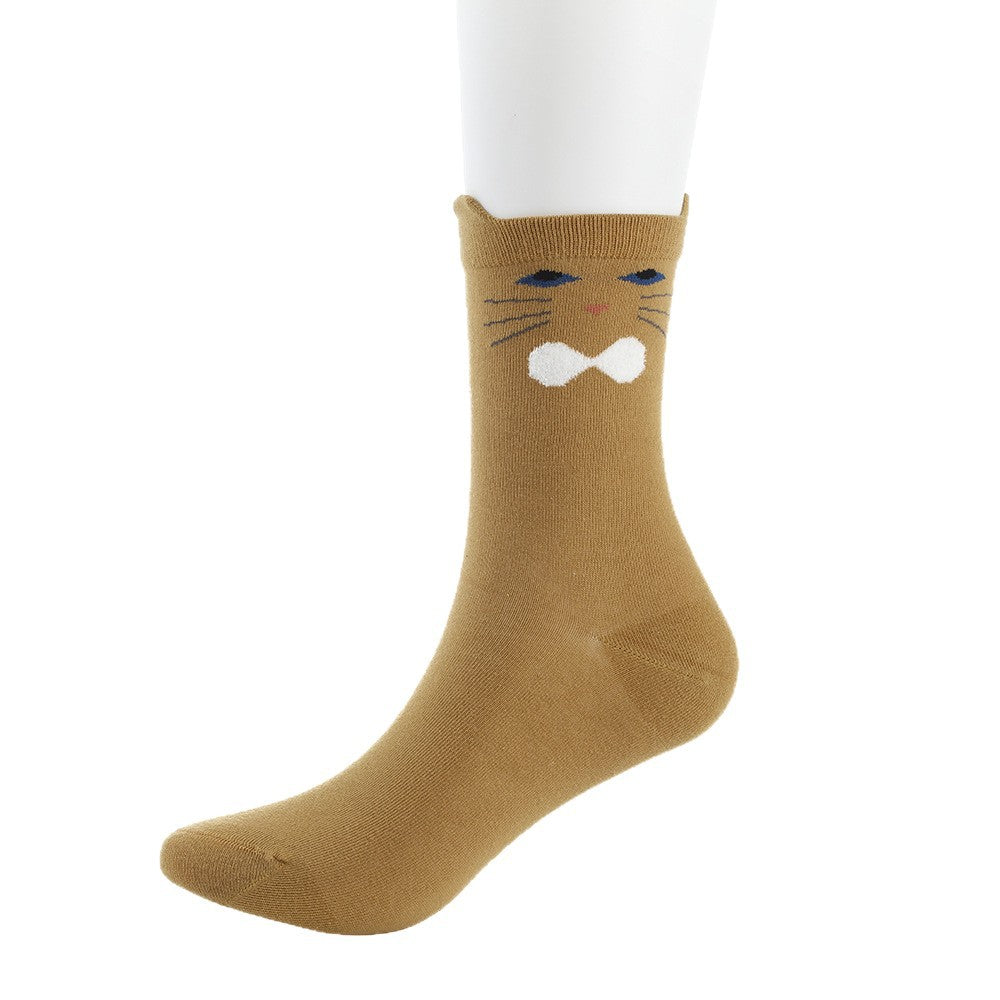 Cute 3D Cat Ear Crew Socks for Women - Soft Combed Cotton Mid-Calf Cartoon Socks