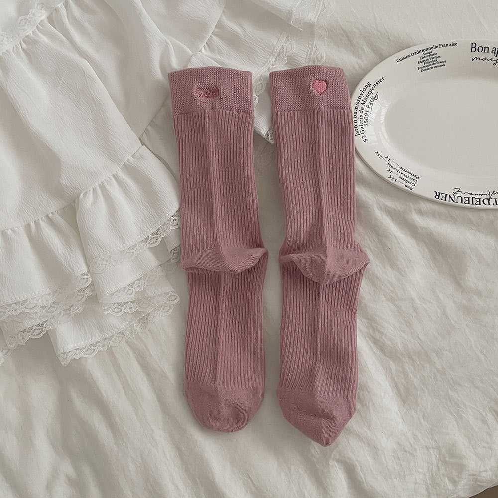 Vintage Pink & Grey Crew Socks for Women – Cute Embroidered Striped Mid-Calf Socks