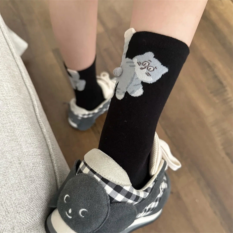 Cute 3D Cat Crew Socks – Women’s Soft Cotton-Blend Animal Socks