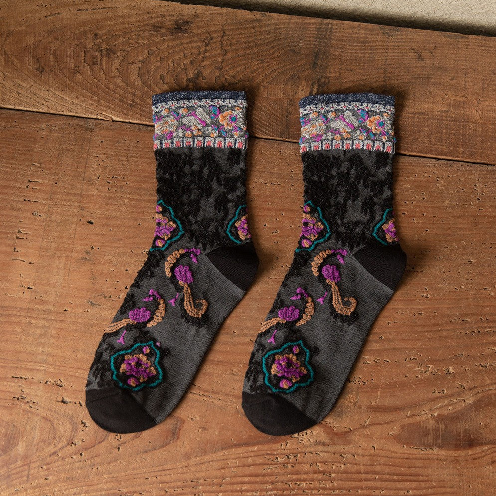 Vintage Floral Embroidered Crew Socks for Women – Glitter Cuff Sheer Jacquard Socks