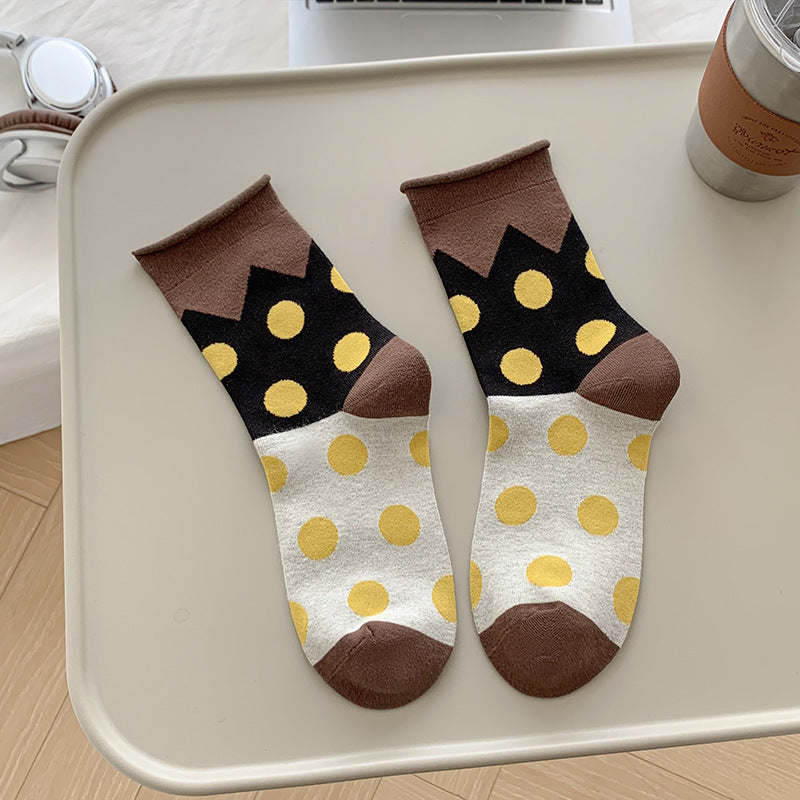 Retro Polka Dot Colorblock Crew Socks – Cotton Mismatched Socks