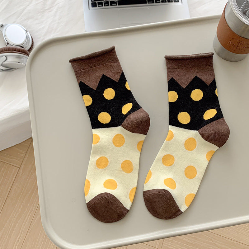 Retro Polka Dot Colorblock Crew Socks – Cotton Mismatched Socks