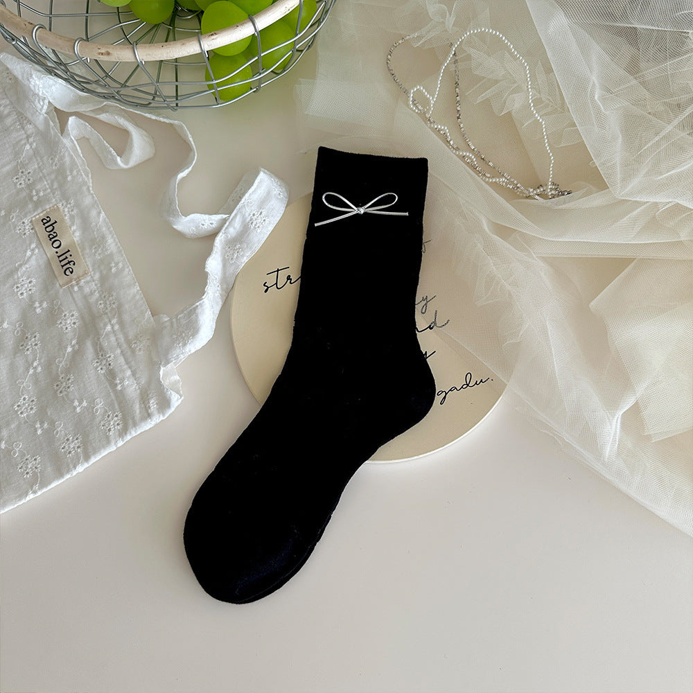 Bow Detail Ribbed Crew Socks for Women – Lightweight Cotton Slouch Socks