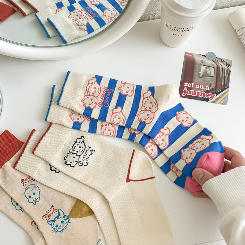 Cute Cartoon Crew Socks – Soft Striped & Bunny Print Women’s Socks