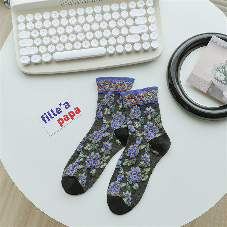 Vintage Floral Embroidered Crew Socks for Women – Sheer Textured Garden Socks