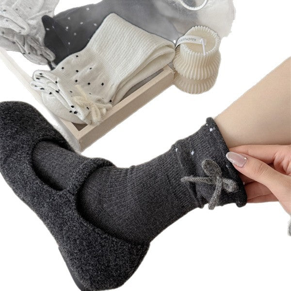 Cozy Polka Dot Bow Sleep Socks – Women’s Soft Warm Crew Socks