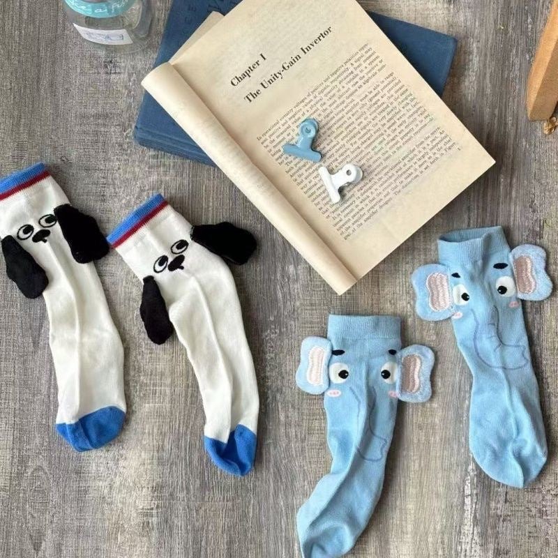 Cute 3D Animal Ear Cotton Crew Socks – Elephant & Puppy