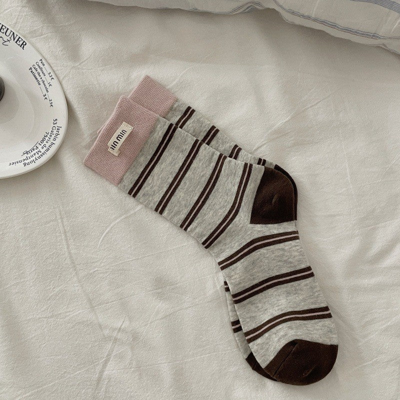 Vintage Pink & Grey Crew Socks for Women – Cute Embroidered Striped Mid-Calf Socks