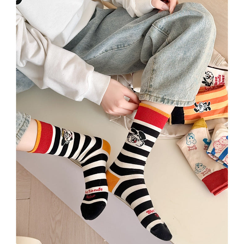 Cute Cartoon Crew Socks – Soft Striped & Bunny Print Women’s Socks