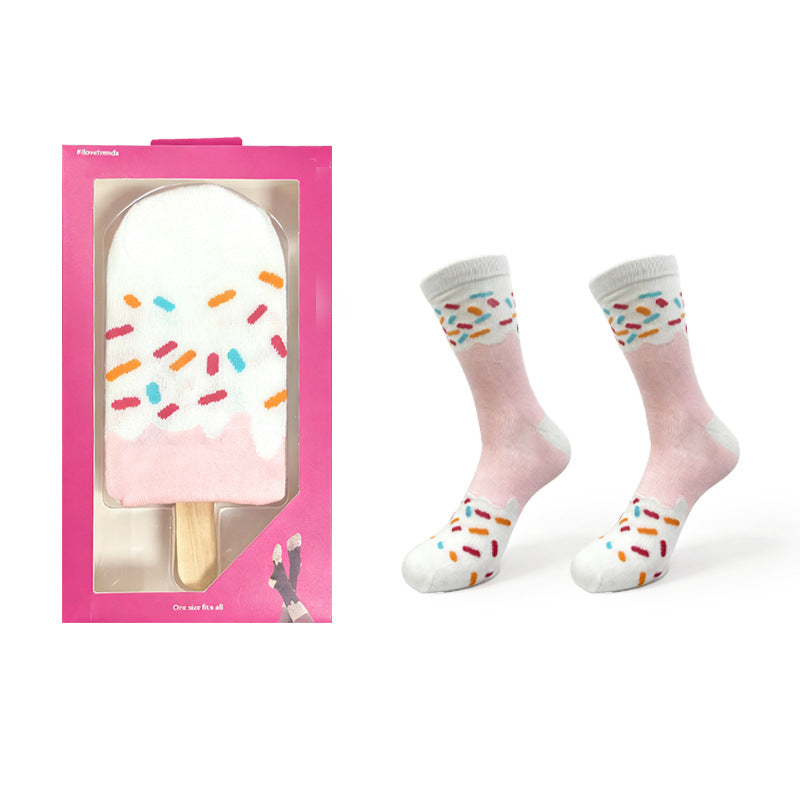 Cute Ice Cream Crew Socks for Women – Pink Cotton Casual Gift Box Socks