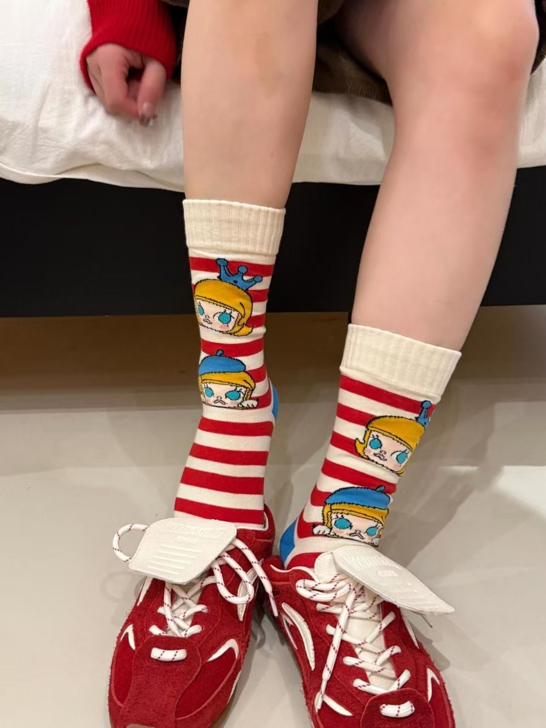 Playful Cartoon Crew Socks – Retro Striped & Polka Dot Women’s Socks