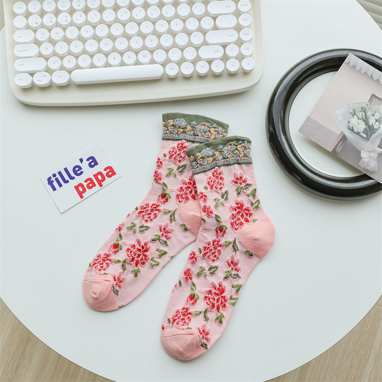 Vintage Floral Embroidered Crew Socks for Women – Sheer Textured Garden Socks