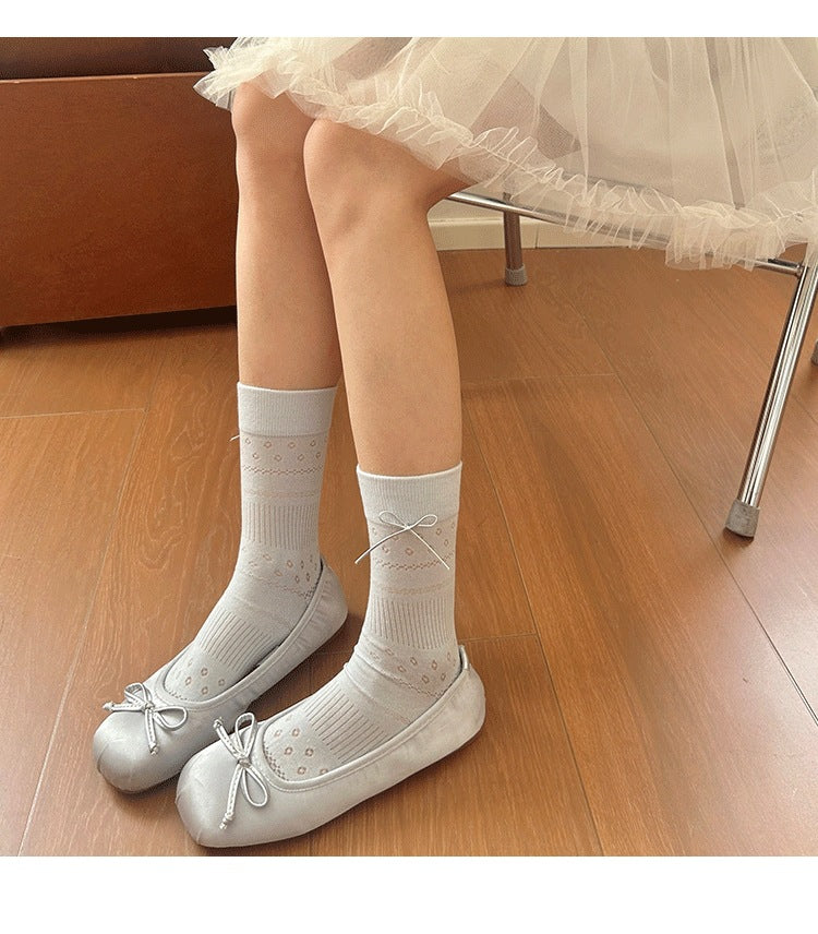 Bow Detail Ribbed Crew Socks for Women – Lightweight Cotton Slouch Socks