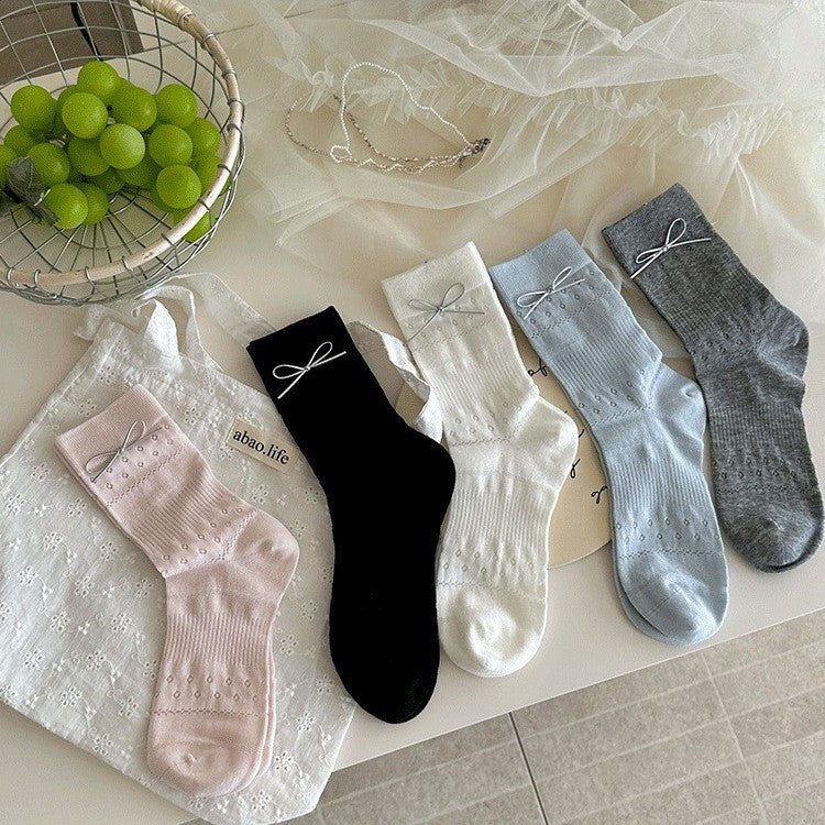 Bow Detail Ribbed Crew Socks for Women – Lightweight Cotton Slouch Socks