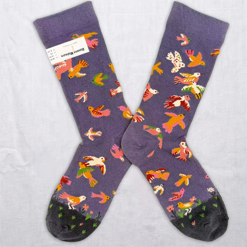 Whimsical Nature & Animal Pattern Crew Socks – 6 Artistic Designs