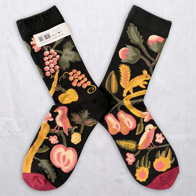 Whimsical Nature Art Crew Socks – Scenic, Floral & Striped Designs