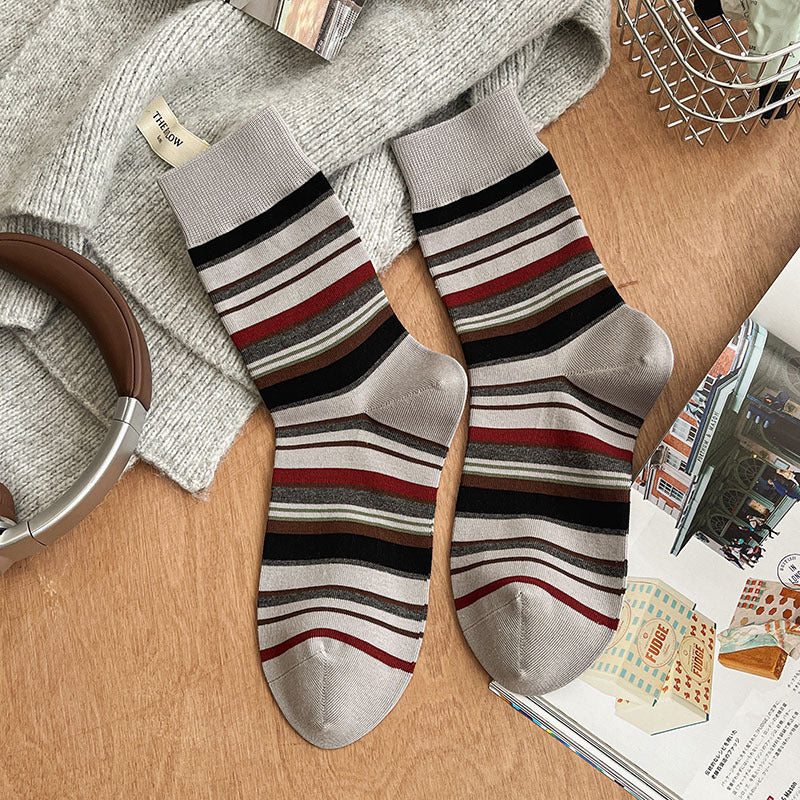 Retro Earth-Tone Striped Crew Socks – Unisex Cotton Mid-Calf Socks
