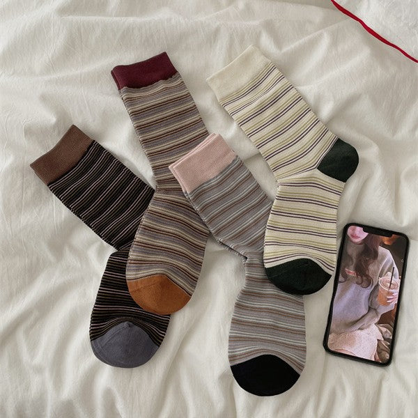 Retro Micro-Stripe Colorblock Crew Socks – Unisex Contrast Cuff Socks