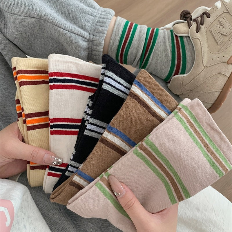 Preppy Colorblock Stripe Crew Socks – Unisex Cotton Mid-Calf Socks