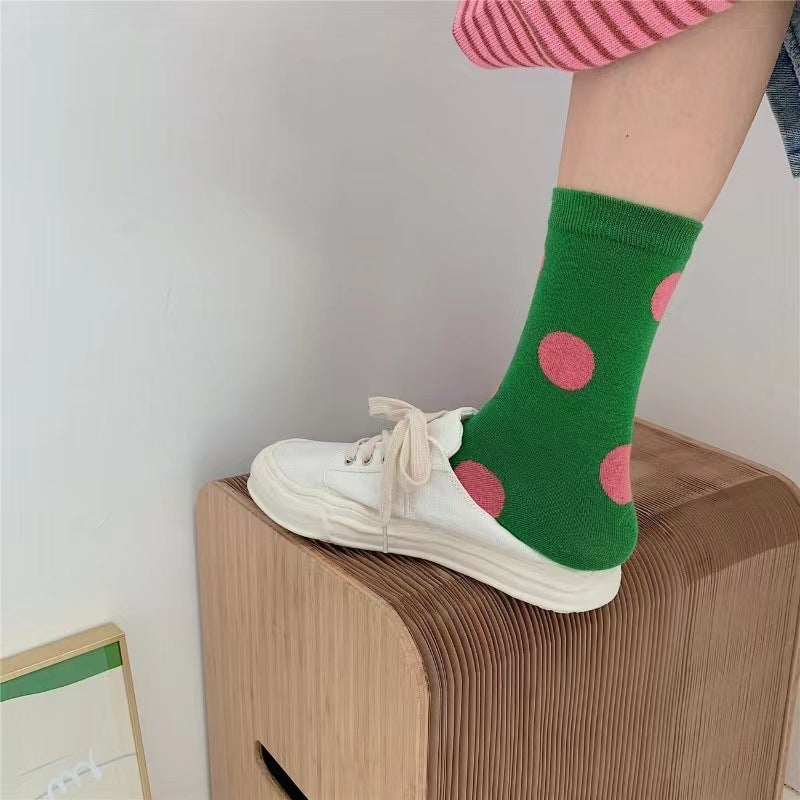 Retro Polka Dot Crew Socks – Women’s Colourful Mid-Calf Socks