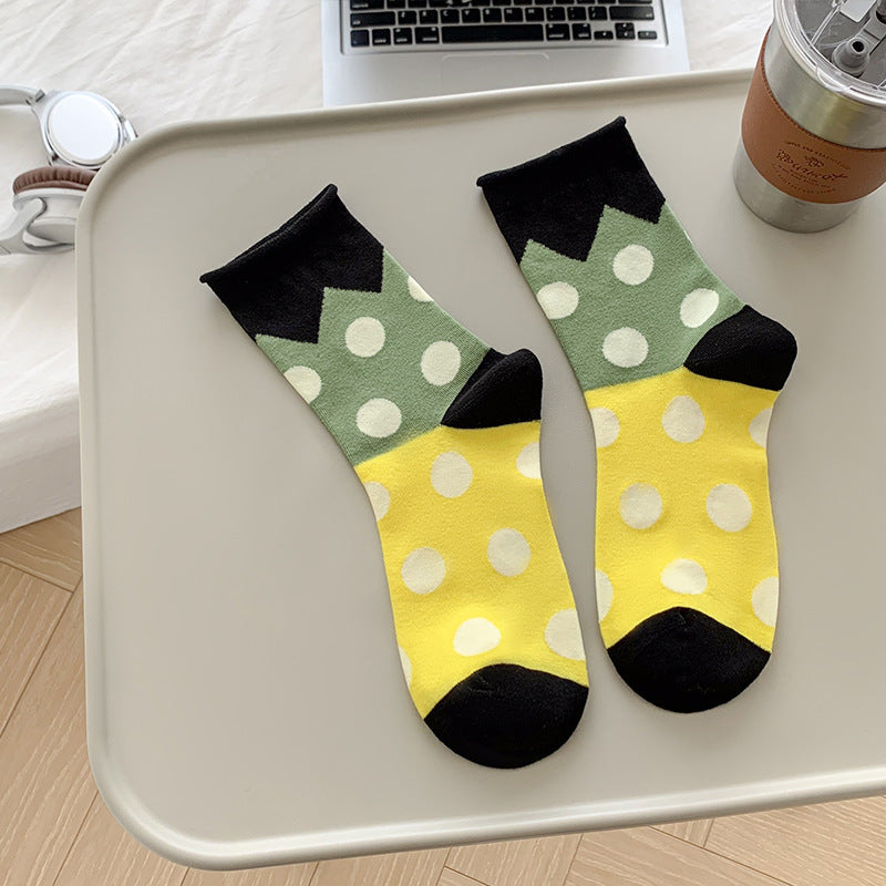 Retro Polka Dot Colorblock Crew Socks – Cotton Mismatched Socks