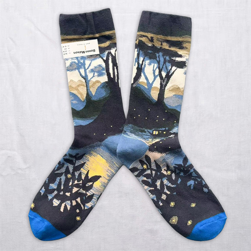Artistic Floral & Landscape Crew Socks – 6 Unique Patterned Styles