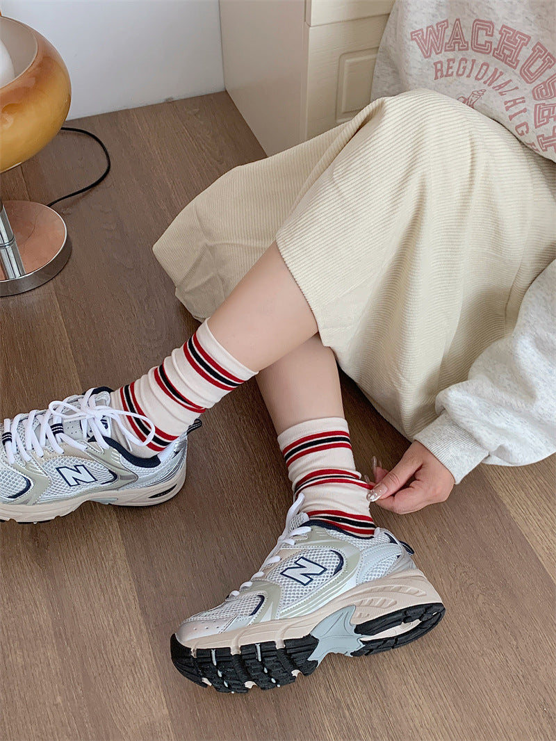 Preppy Colorblock Stripe Crew Socks – Unisex Cotton Mid-Calf Socks