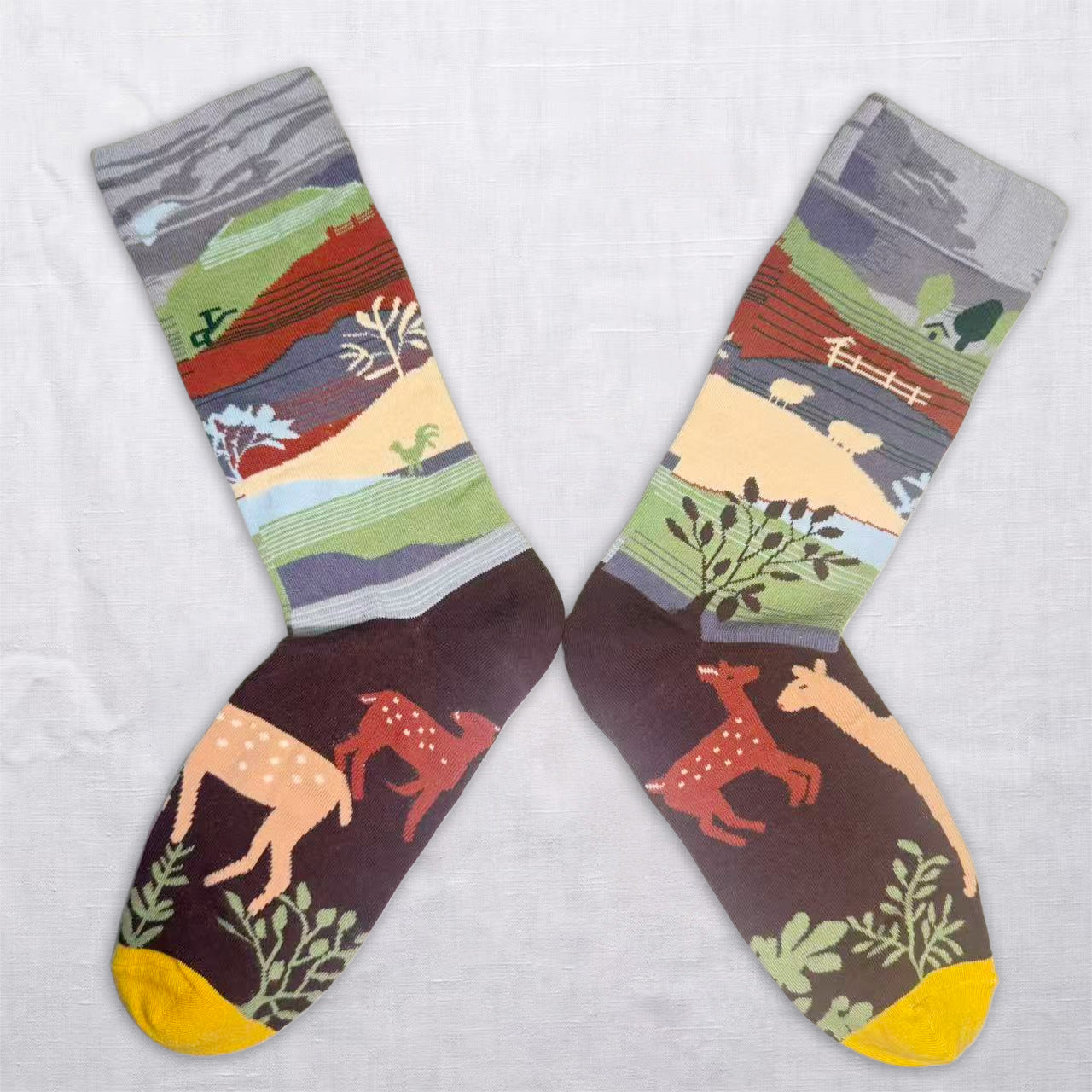 Whimsical Nature & Animal Pattern Crew Socks – 6 Artistic Designs