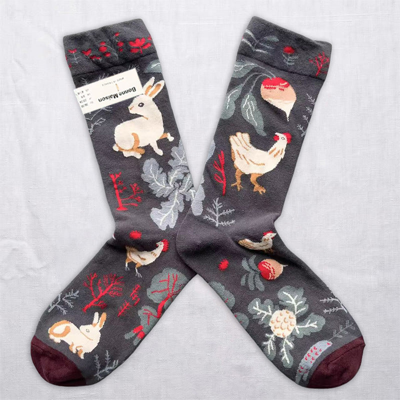 Whimsical Nature & Animal Pattern Crew Socks – 6 Artistic Designs