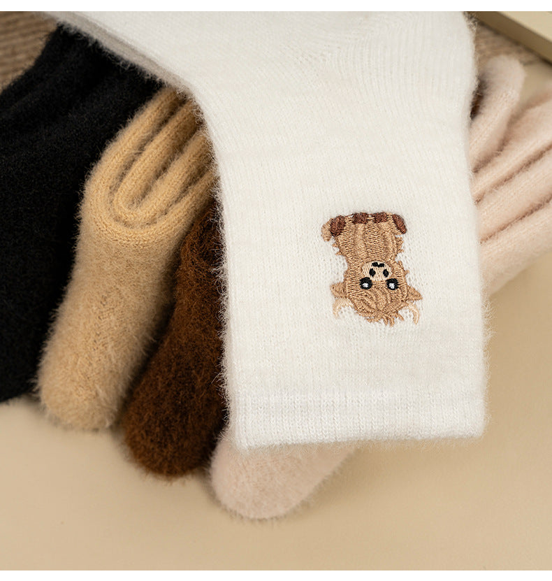 Women’s Fluffy Bear Embroidered Crew Socks – Warm Plush Sleep & Lounge Socks