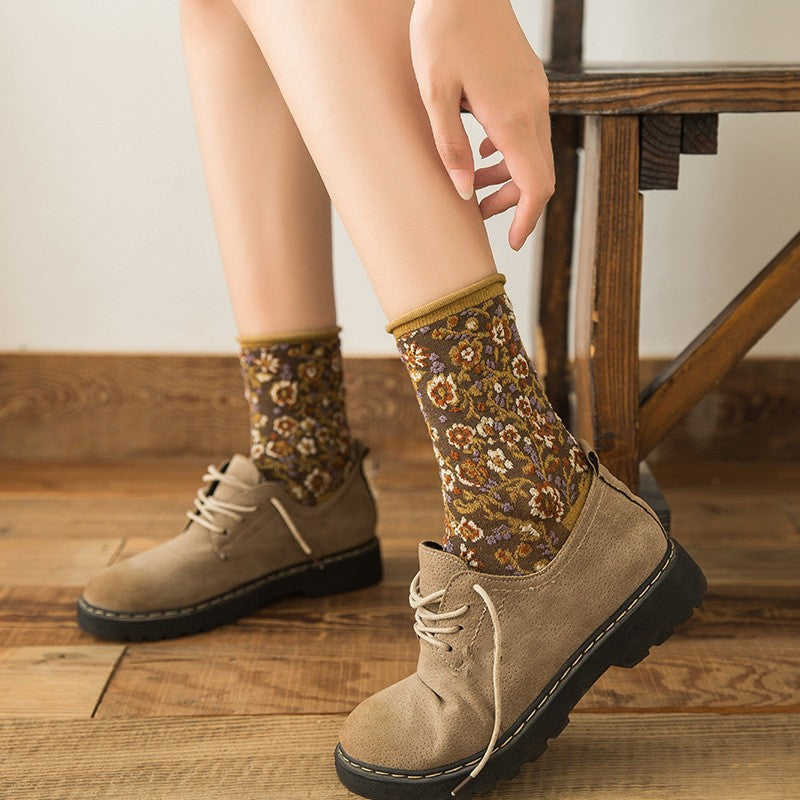 Vintage Textured Floral Crew Socks for Women – Assorted Botanical Pattern Socks