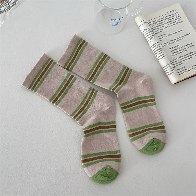 Preppy Colorblock Stripe Crew Socks – Unisex Cotton Mid-Calf Socks