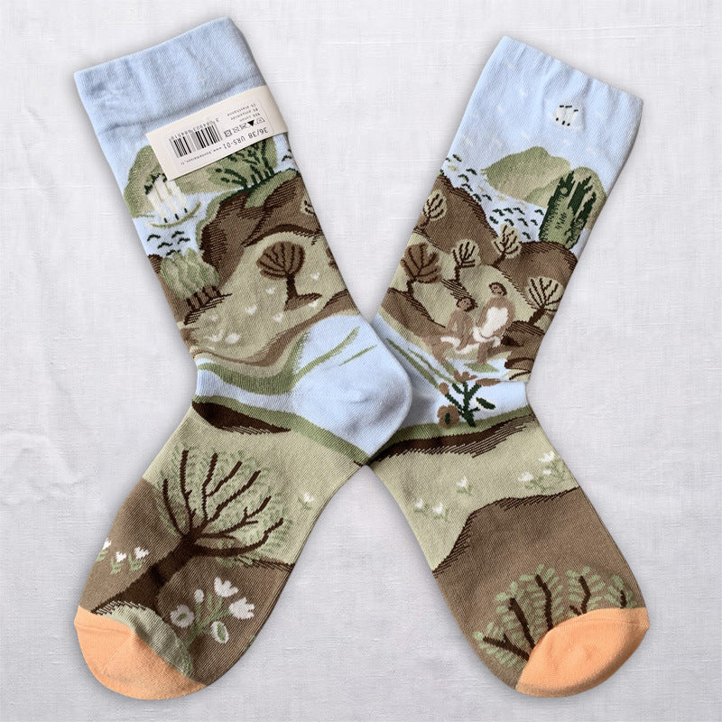 Whimsical Nature Art Crew Socks – Scenic, Floral & Striped Designs