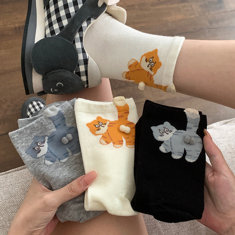 Cute 3D Cat Crew Socks – Women’s Soft Cotton-Blend Animal Socks