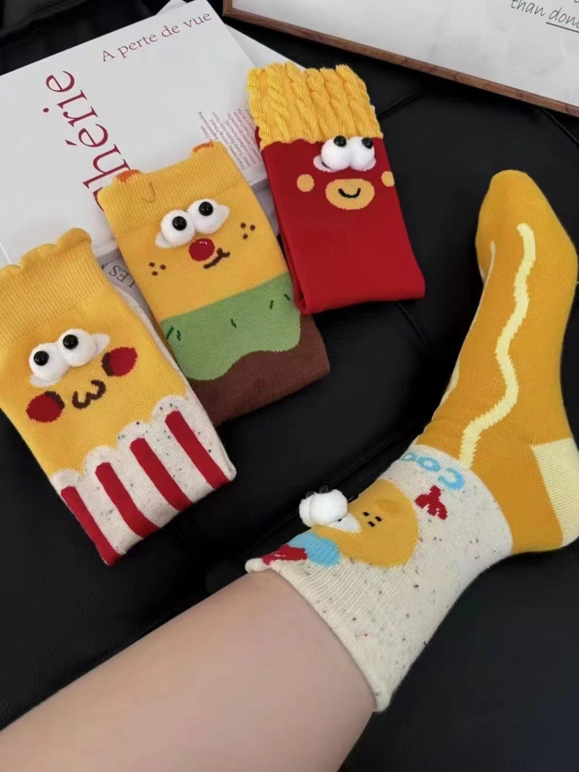 Cute Fast Food Cartoon Crew Socks – Fun Snack Pattern Cotton Socks