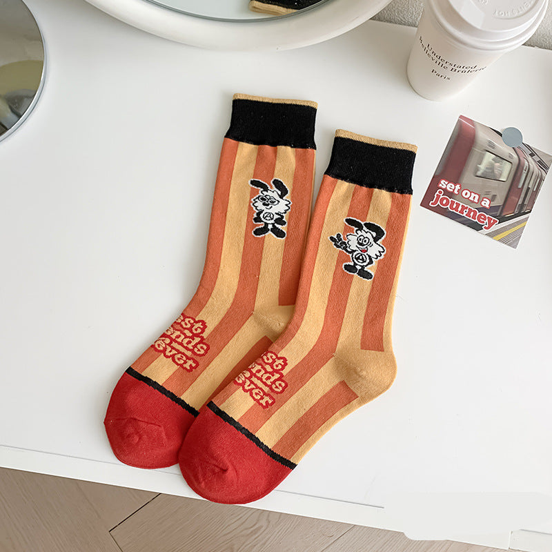Cute Cartoon Crew Socks – Soft Striped & Bunny Print Women’s Socks