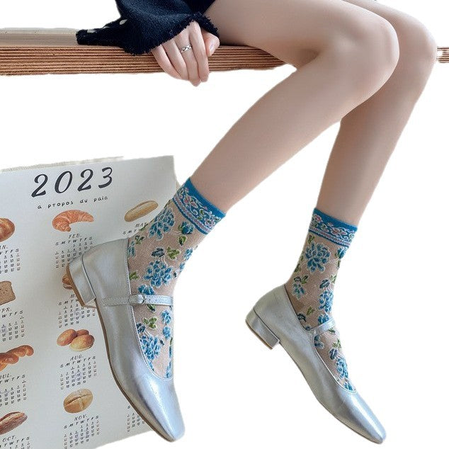 Vintage Floral Embroidered Crew Socks for Women – Sheer Textured Garden Socks