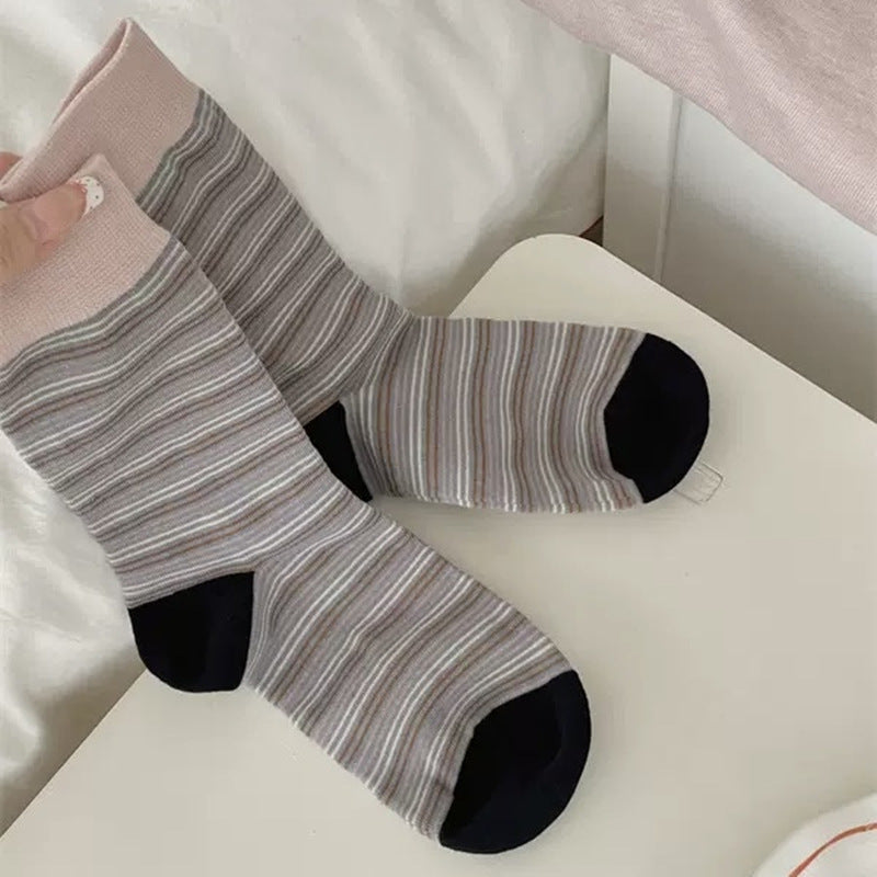 Retro Micro-Stripe Colorblock Crew Socks – Unisex Contrast Cuff Socks