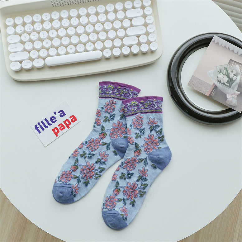 Vintage Floral Embroidered Crew Socks for Women – Sheer Textured Garden Socks