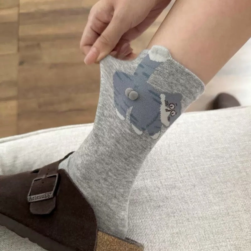 Cute 3D Cat Crew Socks – Women’s Soft Cotton-Blend Animal Socks