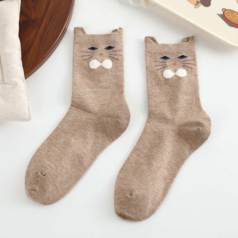 Cute 3D Cat Ear Crew Socks for Women - Soft Combed Cotton Mid-Calf Cartoon Socks