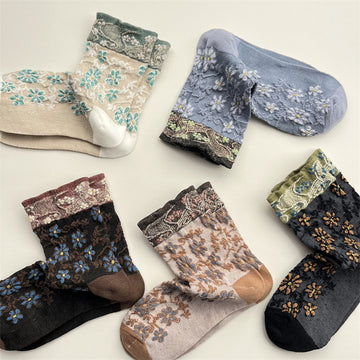 Vintage Raised Floral Sheer Crew Socks for Women – Contrast Jacquard Cuff Ankle Socks