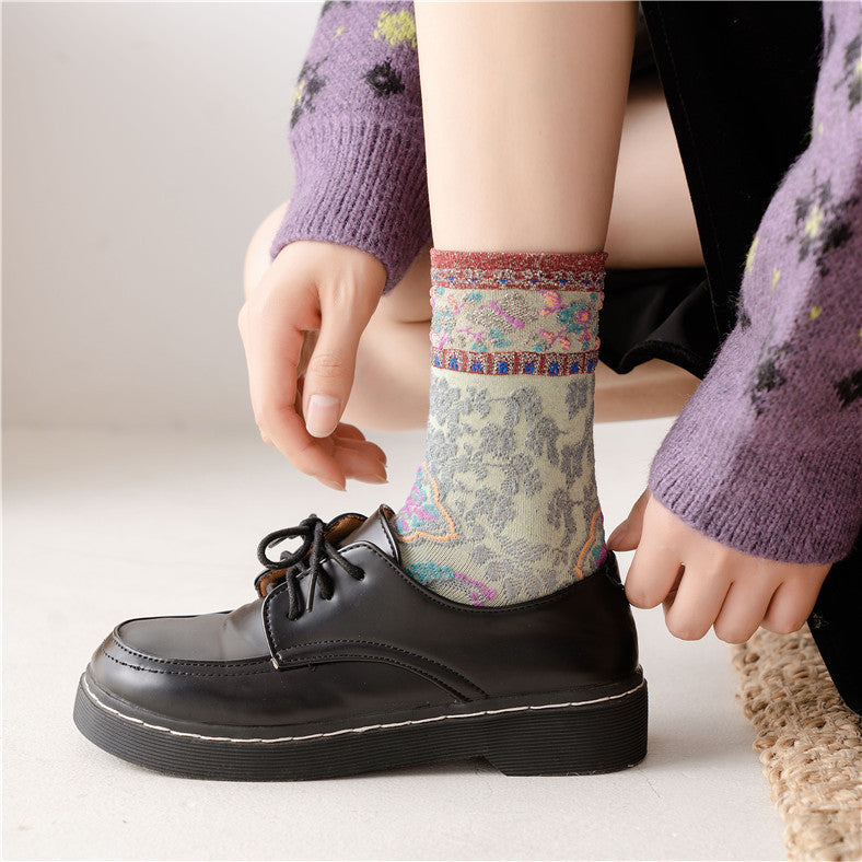Vintage Floral Embroidered Crew Socks for Women – Glitter Cuff Sheer Jacquard Socks