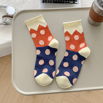 Retro Polka Dot Colorblock Crew Socks – Cotton Mismatched Socks