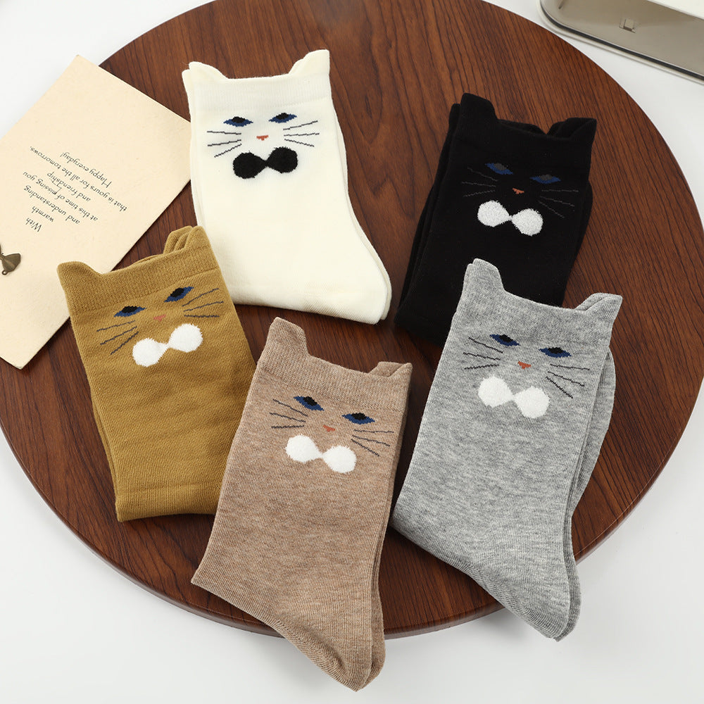 Cute 3D Cat Ear Crew Socks for Women - Soft Combed Cotton Mid-Calf Cartoon Socks